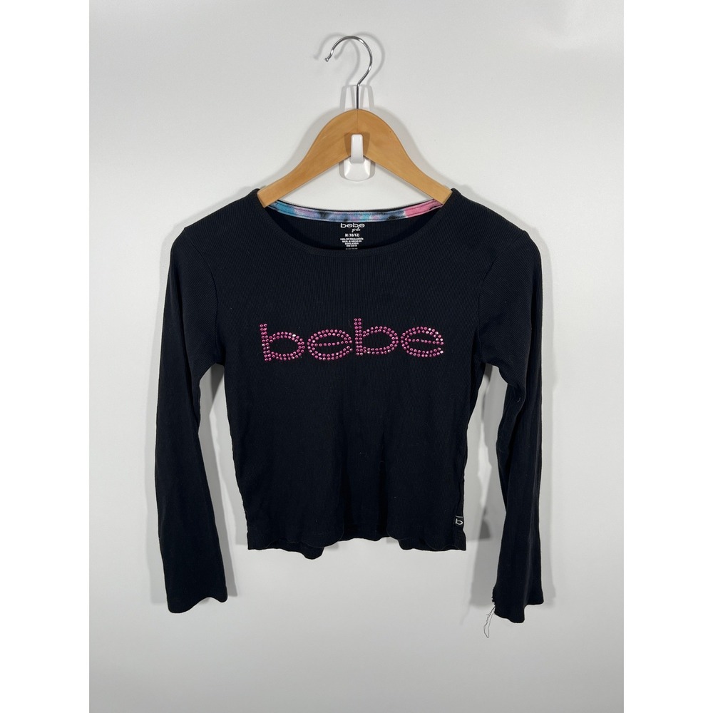 Bebe Y2K Womens Ribbed Top XS Black Bedazzled Spellout Stretch 2000s Soft Girl